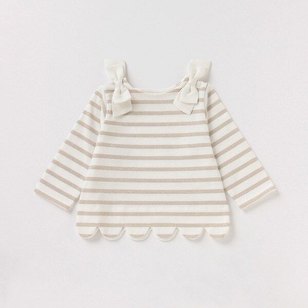 肩リボンラメボーダースカラップTシャツ