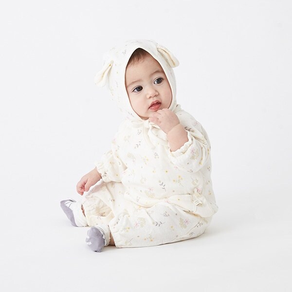 オーガニックコットン 帽子つき肌着ドッキング総柄2WAYオール