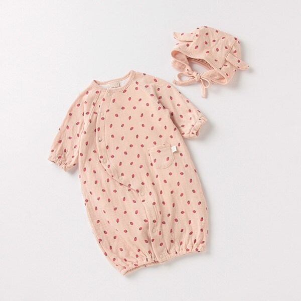 オーガニックコットン 帽子つき肌着ドッキング総柄2WAYオール