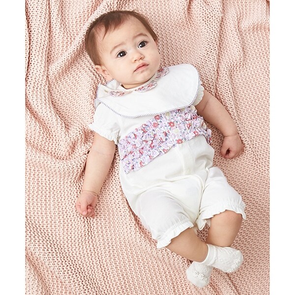 オーガニックコットン 花柄フリル肩リボン2WAYオール