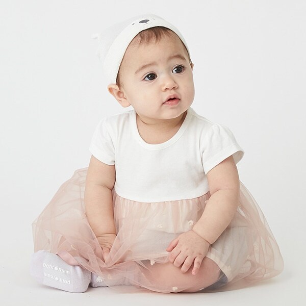 オーガニックコットン ハート刺しゅうチュールドッキングロンパース