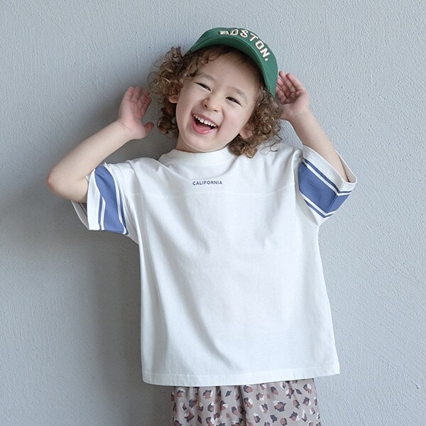 【接触冷感】【どちらが前でもOK!】袖ラインプリント半袖Tシャツ