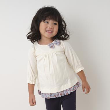 小花柄リボン7分袖Tシャツ