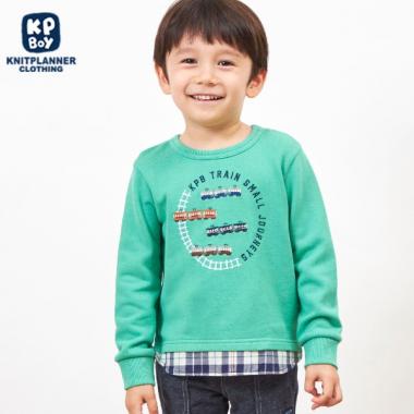 KPBOY 電車刺しゅうの裾切り替え裏毛トレーナー(80～150)