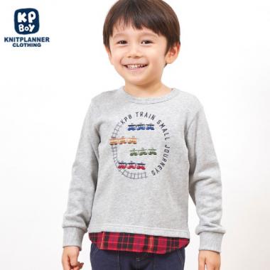 KPBOY 電車刺しゅうの裾切り替え裏毛トレーナー(80～150)