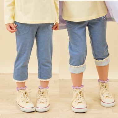 デニム風ニットツイル 裾折り返しパンツ 7分丈