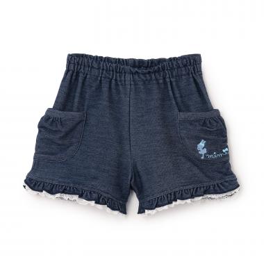 デニム風ニットツイル 裾フリル ショートパンツ