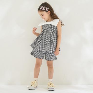 リボン衿つきブラウス・裾フリルハーフパンツセット