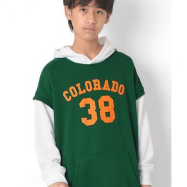 【大人向けサイズあり】前ロゴプリント・ベストレイヤード風ビッグパーカー