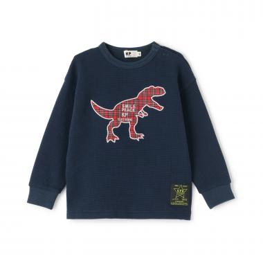 チェック恐竜アップリケ ワッフル長袖Tシャツ