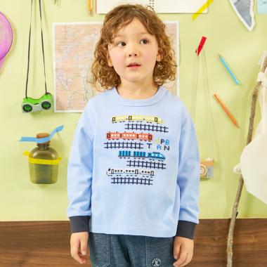 電車柄クロス刺しゅう 長袖Tシャツ