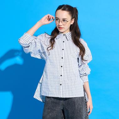 【AMI】ボリュームスリーフチェックブラウス