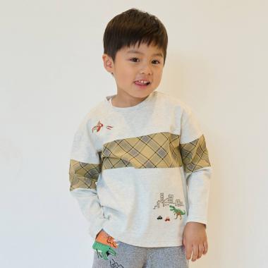 恐竜と街チェック切替長袖Tシャツ