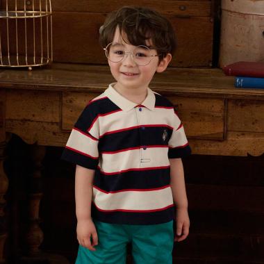 オオカミワンポイントボーダー半袖ポロシャツ