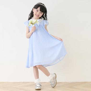 レース衿　ドットプリーツワンピース