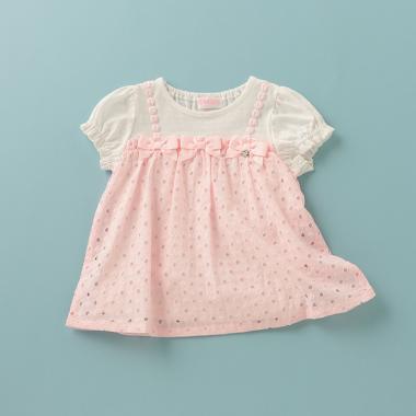 リボンつきダイヤ柄レース切り替えTシャツ