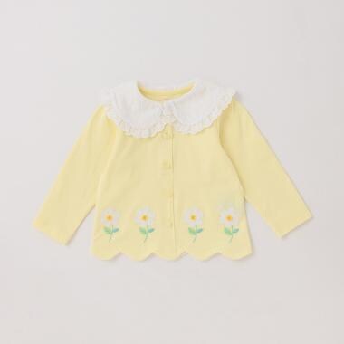 衿つきお花刺しゅう　裾スカラップ長袖Tシャツ