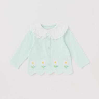 衿つきお花刺しゅう　裾スカラップ長袖Tシャツ