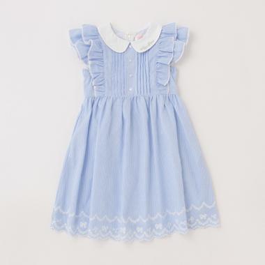 【人気商品再入荷】【直営店で取り扱い無し】衿つき肩フリル　ストライプワンピース