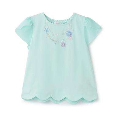 【人気商品再入荷】【直営店で取り扱い無し】シェルネックレス刺しゅう　裾スカラップTシャツ