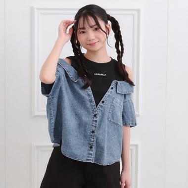 肩あきデニムドッキングシャツ