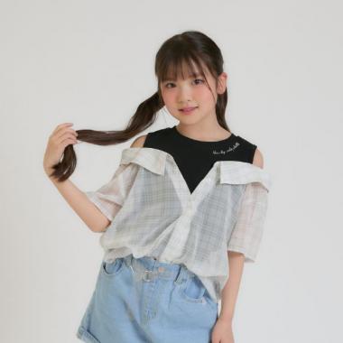 肩あきシアーチェックドッキングシャツ