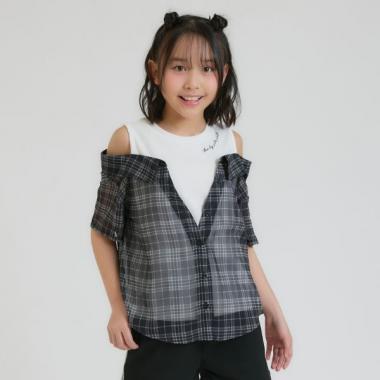 肩あきシアーチェックドッキングシャツ