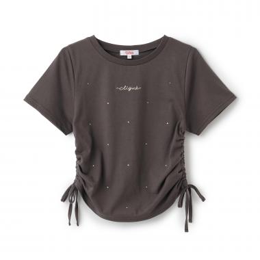 ラインストーン脇ドロストTシャツ