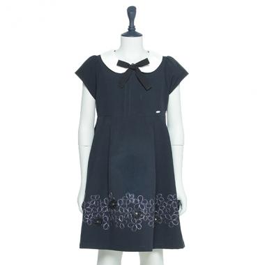 【セレモニー】衿つき裾フラワー刺しゅう半袖ワンピース