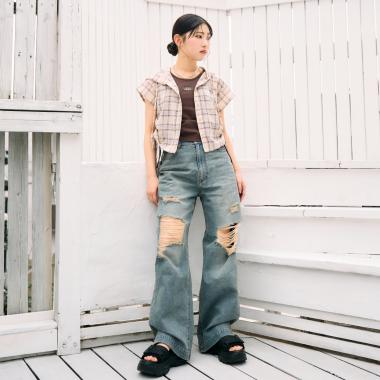 【LTXC/接触冷感】ダメージデニムワイドパンツ