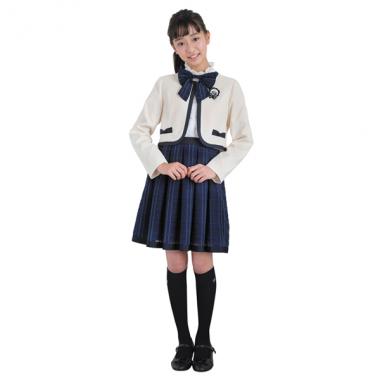 配色ノーカラージャケット×ラインスカート×リボンタイ×ブローチ4点セット