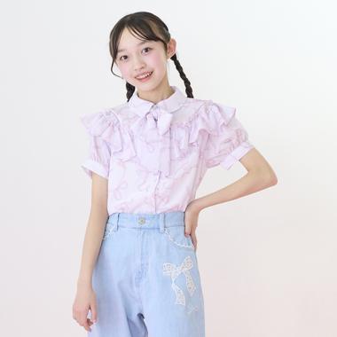 【ニコ☆プチ・Cuugal掲載】リボン柄ボウタイつきフリルブラウス