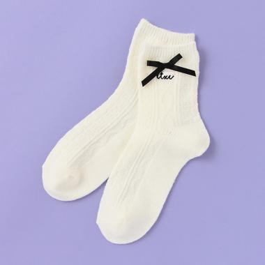 ケーブル編みリボンクルーソックス