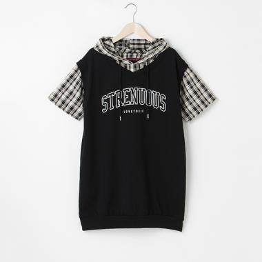 半袖チェックレイヤードワンピース