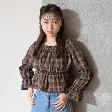チェックオフショルブラウス