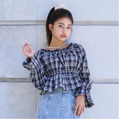 チェックオフショルブラウス