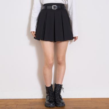 【起毛】ベルトつきプリーツスカート