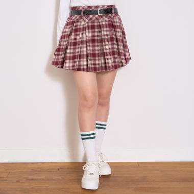 【起毛】ベルトつきチェックプリーツスカート