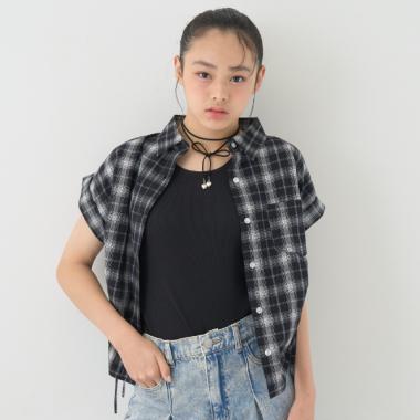 【綿100％】チェックノースリーブドロストシャツ
