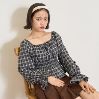 チェックオフショルブラウス