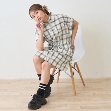 【綿100％】チェックフレンチスリーブシャツワンピ