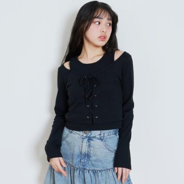 レースアップテレコ長袖シャツ