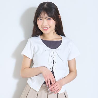 レースアップテレコ半袖T