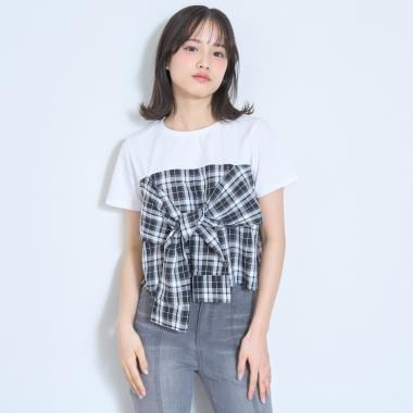 サマ見えベアスリーブチェックドッキング半袖T