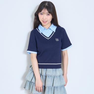 【洗える】フェイクレイヤード半袖ニットシャツ