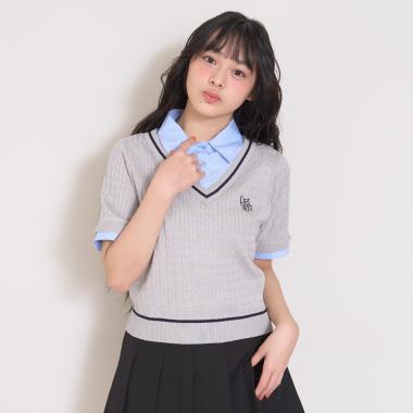 【洗える】フェイクレイヤード半袖ニットシャツ