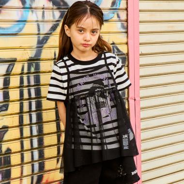 ガールイラスト半袖Tシャツ+メッシュキャミソールセット