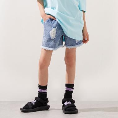 豹柄レイヤードクラッシュ加工デニムショートパンツ