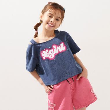 蓄光ロゴ 肩あきシャーリング半袖Tシャツ