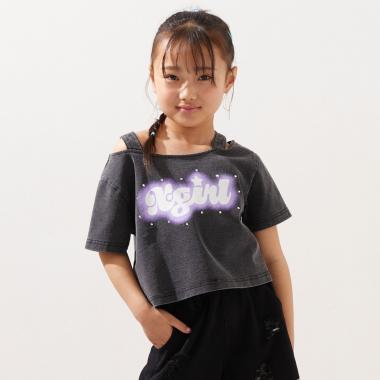 蓄光ロゴ 肩あきシャーリング半袖Tシャツ